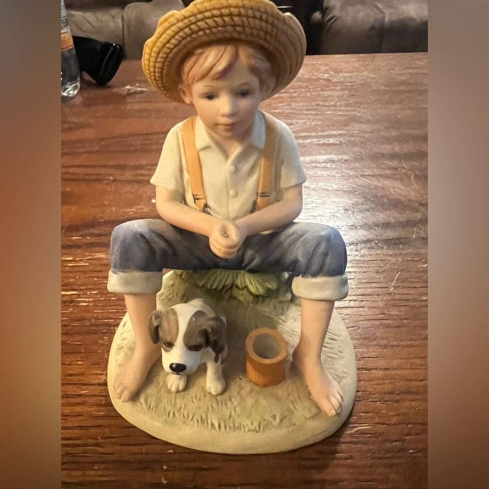 Homco Boy with Dog Figurine - Blue and Tan